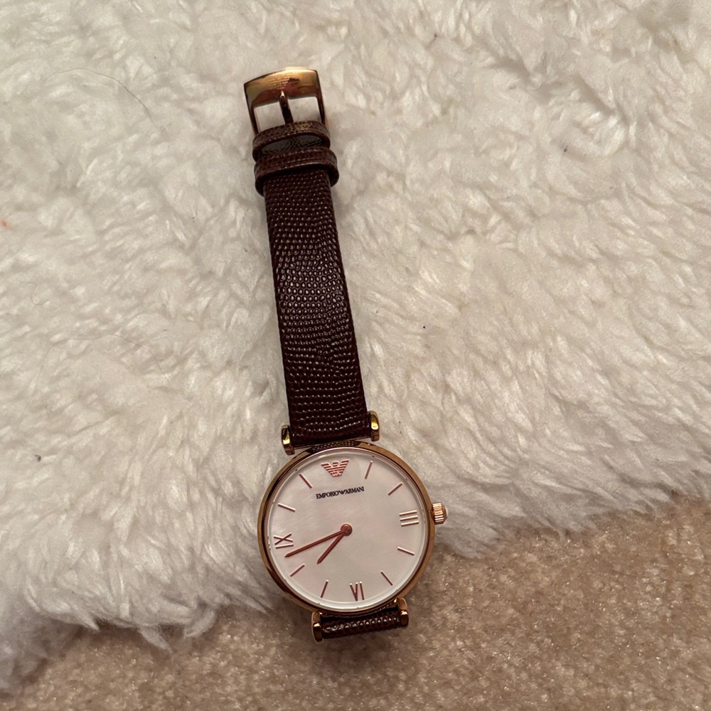Emporio Armani Gold and Brown Leather Strap Watch